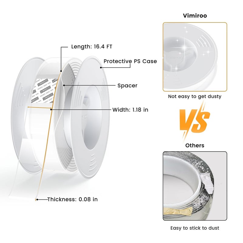 vimiroo 4 Pack Double Sided Tape Heavy Duty, Extra Large16.4FT Nano Double Sided MountingTape, Transparent Strong Removable Adhesive Picture Hanging Strips, Wall Tape Sticky Poster Carpet Decor - Image 2